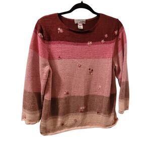 Vtg Pendleton Womens Floral Embroidered Knit Sweater Pink Stripped Sz XL